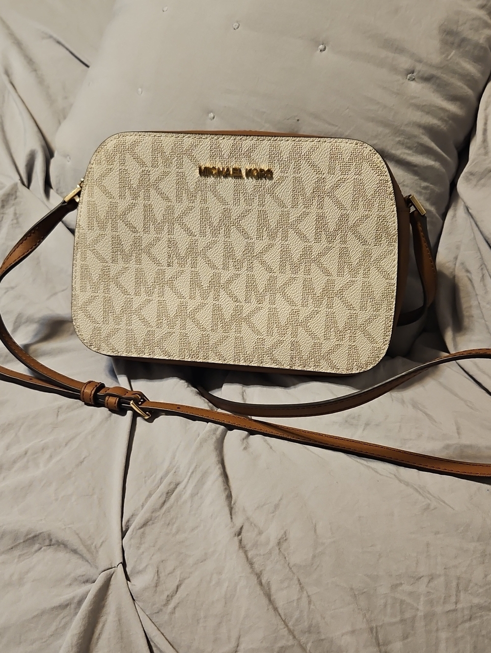 Michael Kors Cream Logo Crossbody with Brown Trim and Gold Hardware